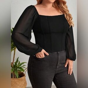 SHEIN Black Square Neck Sheer Puffed Sleeve Top